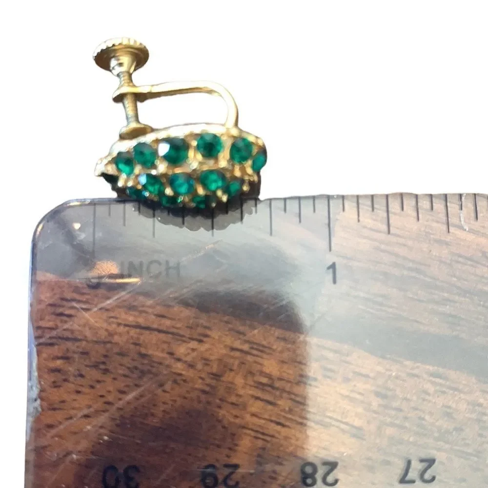 Vintage Earrings Tear Drop Green Gemstone Gold Tone Screw Back Costume Jewelry